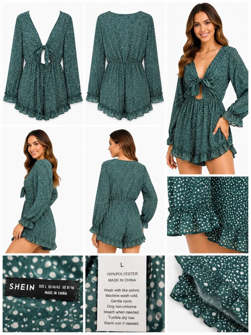 SHEIN Green Polka Dot Tie Front Ruffle Romper Size L